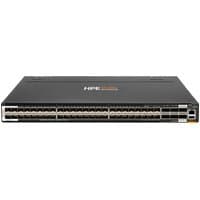 Black HPE Aruba Networking switch with 48 SFP ports, 6 QSFP ports, and orange logo on top.