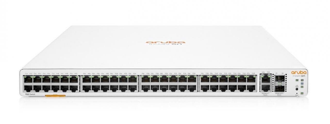 White managed L2+ Gigabit switch featuring 48 Ethernet ports, 2 10-Gigabit ports, 2 SFP+ slots, and an orange "Aruba Instant On" logo on the front panel.