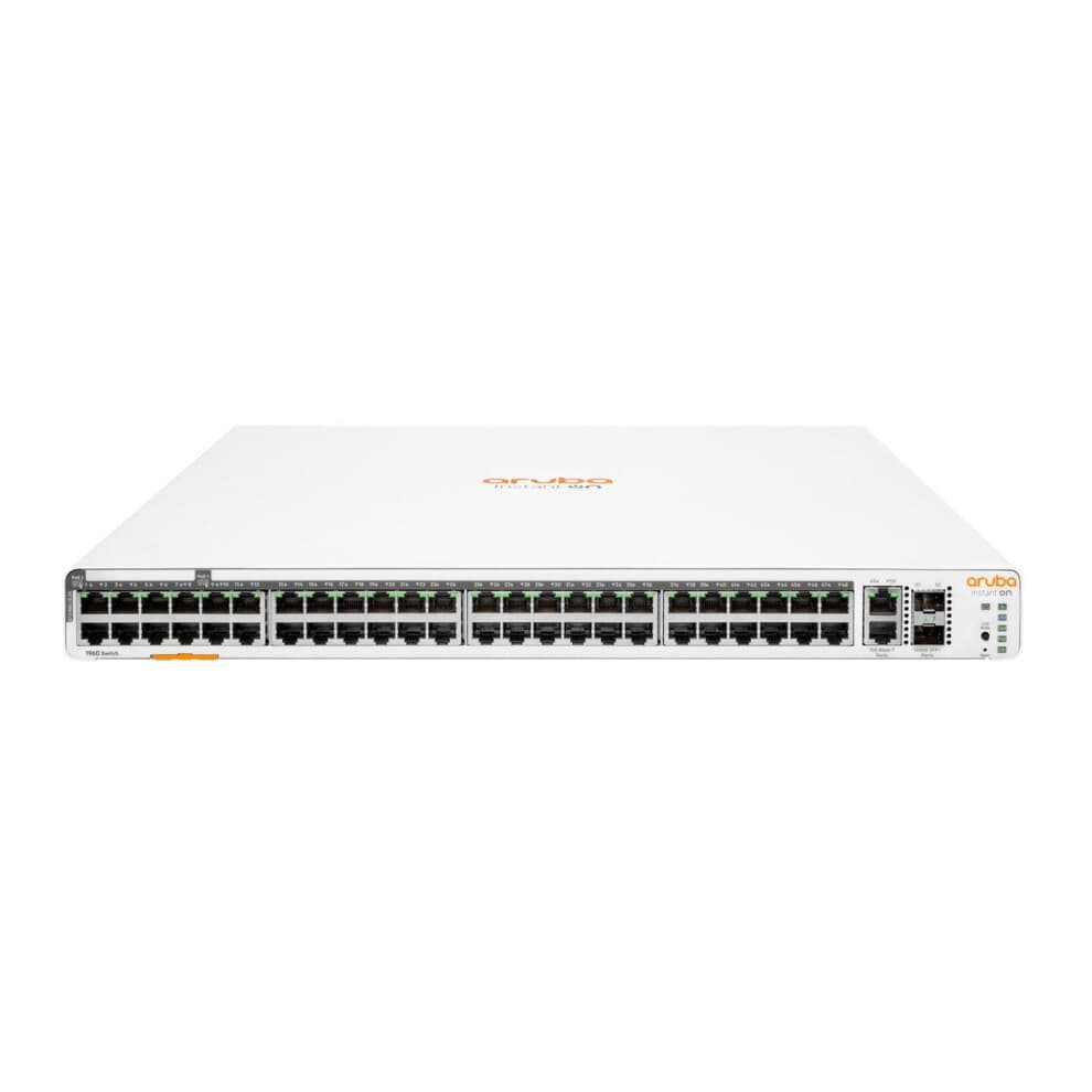 White networking switch with 48 Gigabit Ethernet ports, 40 PoE ports, 8 Class 6 PoE ports, and 2 10-Gigabit SFP+ ports, featuring an orange Aruba logo on the front.