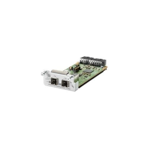 HPE Aruba Networking JL325AR Network Switch Module features a green circuit board with silver connectors, two Ethernet ports, and multiple slots for additional components.