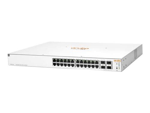 White networking switch with 24 Gigabit Ethernet ports, 4 SFP/SFP+ slots, and an orange "Aruba" logo on the front, designed for PoE applications.
