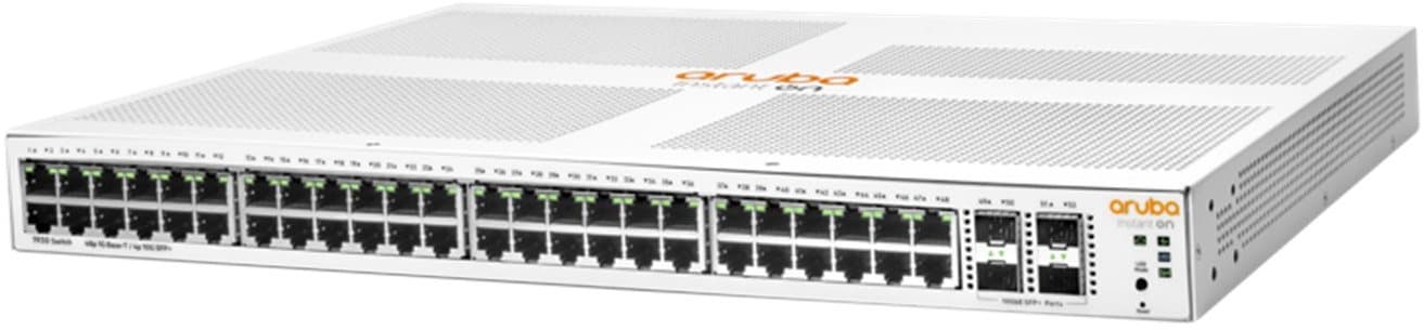 HPE Aruba Instant On Switch with 48 Gigabit Ethernet ports, 4 SFP+ slots, white metal casing, and orange "aruba" logo on top.