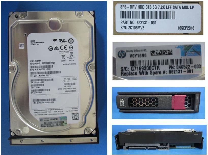 3TB SATA hard drive with a silver metallic casing, labeled with HPE branding, featuring a black connector and visible serial numbers and specifications on the surface.