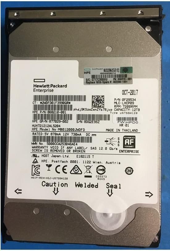 HPE DX 12TB SAS hard disk drive with a silver metal casing, featuring a label with model information, barcodes, and caution warnings on a blue background.