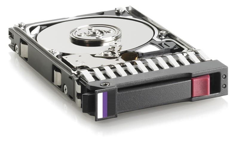 HPE Integrity 900GB 12G SAS hard drive with a sleek black metal casing, featuring a silver disk inside, and a colored latch on the front for easy installation.
