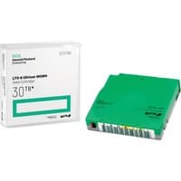 Green HPE LTO-8 Ultrium 30TB WORM data cartridge with white packaging box displaying product details.