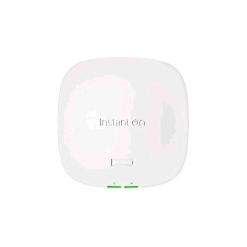 White rectangular wireless access point with rounded edges, featuring "Instant On" branding, a small LED indicator, and two green ports at the bottom for connectivity.