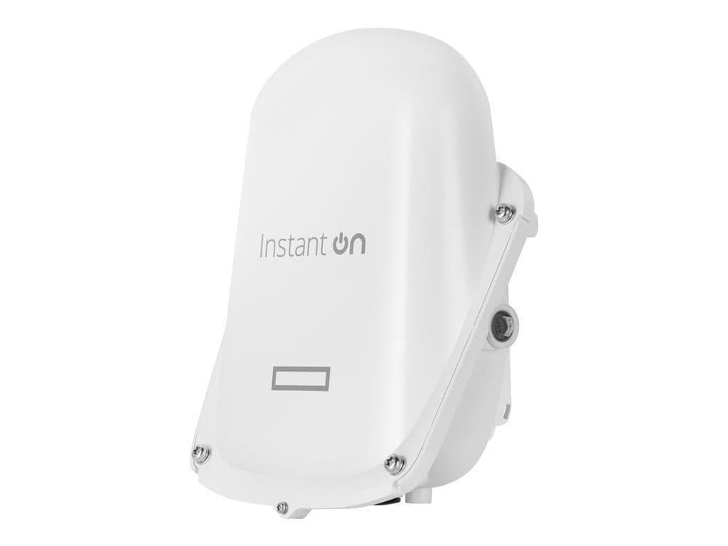 White HPE Networking Instant on Outdoor Access Point with a sleek, rounded design, featuring dual radio and 2x2 Wi-Fi 6 capabilities, mounted with visible screws for outdoor installation.