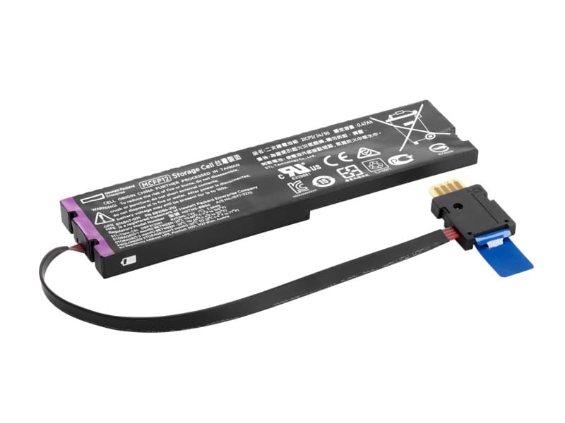 Black lithium-ion backup battery with a purple and blue connector, featuring safety symbols and product information printed on the surface.