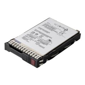 HPE P05932-B21 960 GB 2.5" internal solid-state drive with a black casing, labeled with technical specifications and safety icons on a silver surface.