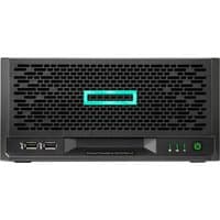 Black HPE ProLiant MicroServer Gen10+ v2 with vented front panel, USB ports, and power button, compact tower design.