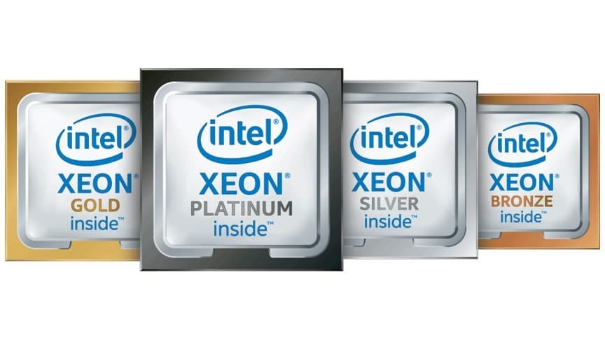 Four Intel Xeon processor packages in varying colors: gold for Gold 6326, silver for Silver, bronze for Bronze, and a dark gray for Platinum, each labeled with "Intel Xeon inside."