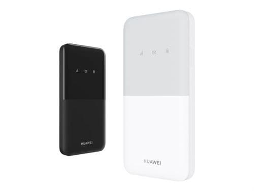 Two Huawei 4G Mobile WiFi 5 routers, one in sleek black and the other in clean white, featuring indicator lights on the front for network status.