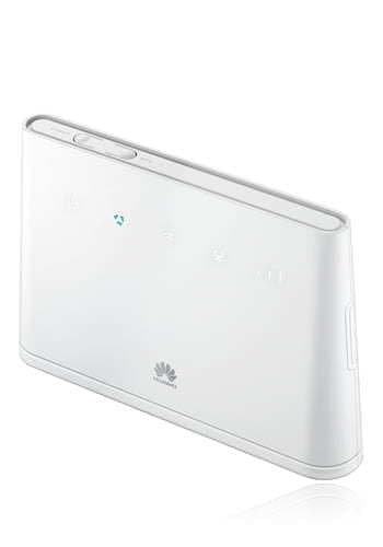 White Huawei B311-221 4G CAT 4 router with a sleek design, featuring indicator lights, a power button, and the Huawei logo on the front.