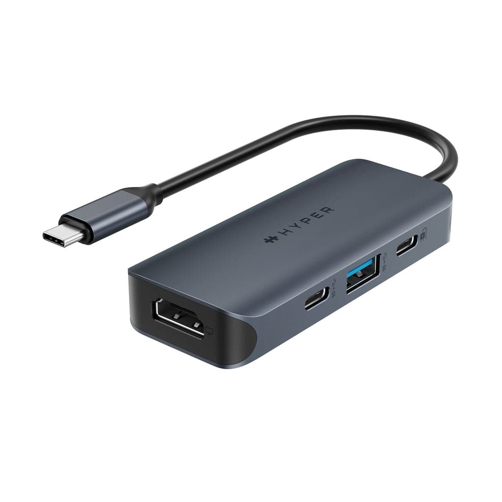 Compact gray HYPER HD4001GL Interface Hub with USB 3.2 Gen 1 Type-C port, featuring multiple ports including HDMI and USB-A, connected by a short cable.