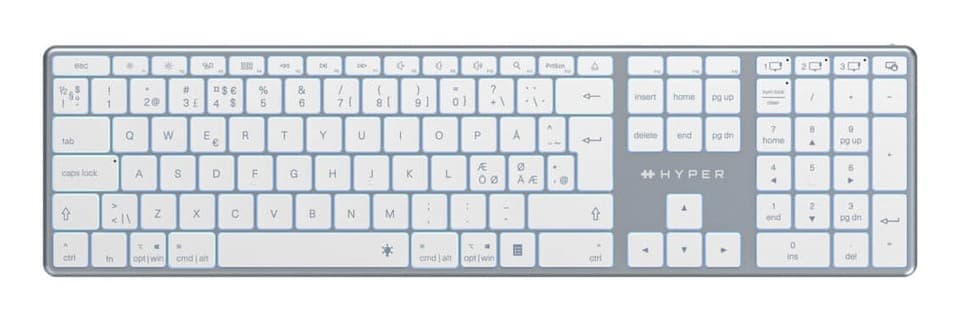 Bluetooth QWERTY keyboard in Nordic Grey, featuring a sleek design, white keys with Nordic characters, and a minimalist layout suitable for home or office use.