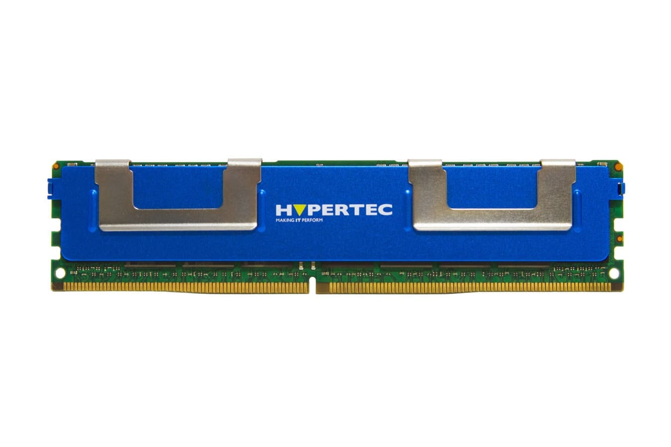 Blue memory module with silver heat spreaders, labeled "HYPERTEC," featuring 4 GB capacity, DDR3, 1600 MHz speed, and ECC technology.