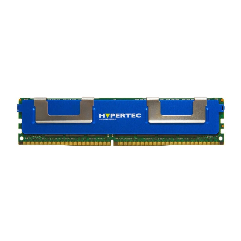 Blue memory module with silver heat spreaders, labeled "HYPERTEC," featuring an 8 GB DDR3 capacity and 1600 MHz speed, designed for ECC compatibility.