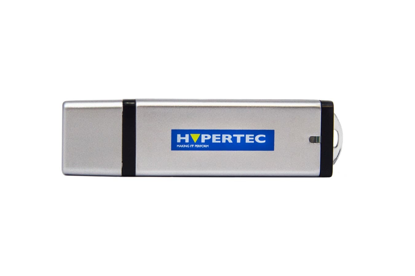 Silver USB flash drive with a black band, featuring a blue and green "HYPERTEC" logo, labeled 128GB, and designed for AES-256 encryption.