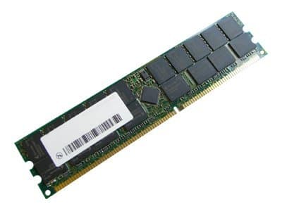 Green printed circuit board with eight black memory chips, a white label with a barcode, and gold connectors at the bottom, labeled as Hypertec 1GB DIMM (PC2100 REG) memory module.