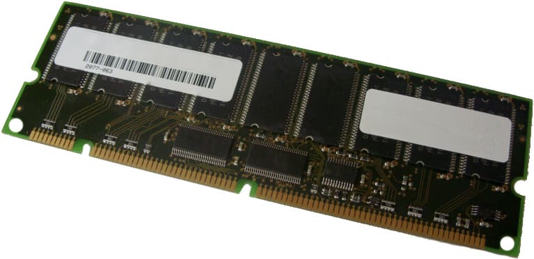 Green circuit board with a gold connector edge, featuring multiple black memory chips and two white labels, representing a Hypertec 1GB PC100 SDR SDRAM memory module.