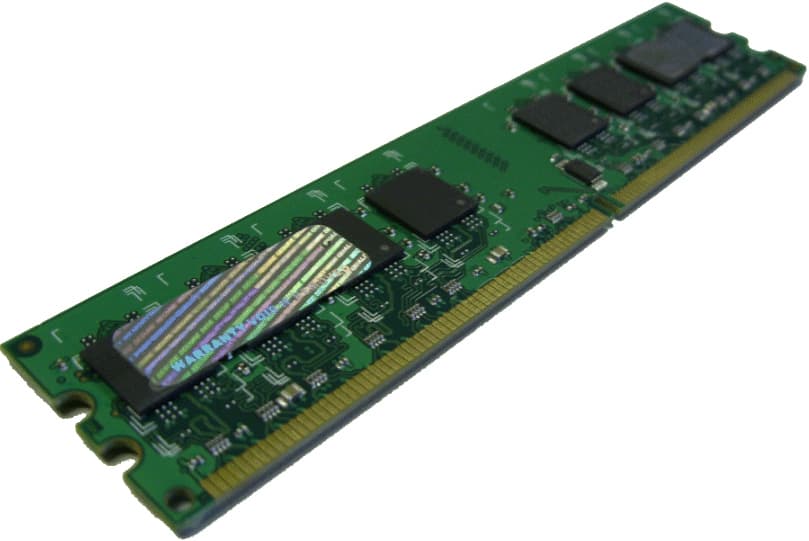Green printed circuit board with a gold connector edge, featuring multiple black memory chips and a holographic label, representing a Hypertec 1GB DDR2 400 MHz memory module.