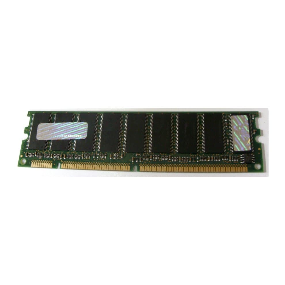 Green circuit board featuring a 256MB DIMM PC133 memory module with black memory chips and gold connectors, designed for legacy systems.