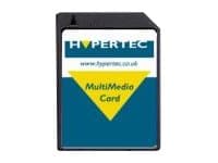 Hypertec 256MB RS-MMC memory card featuring a black plastic casing with a blue and yellow label displaying the brand name and product type.