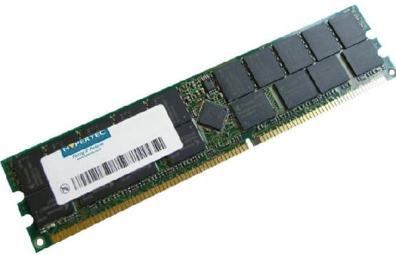 Hypertec 2GB REG DIMM memory module, featuring a green circuit board with black memory chips, a white label, and gold connectors along the bottom edge.