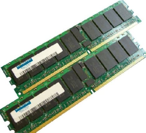 Hypertec 4GB DIMM memory module featuring two 2GB sticks, with a green circuit board, black chips, and gold connectors, designed for 240-pin DIMM slots.