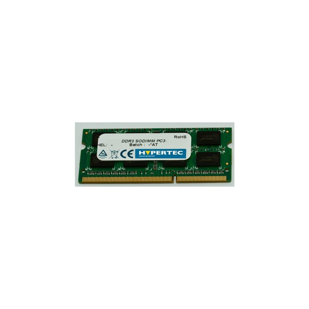 Green circuit board memory module with gold connectors, labeled "Hypertec 4GB SODIMM PC3-10600," featuring a white sticker with certification symbols.