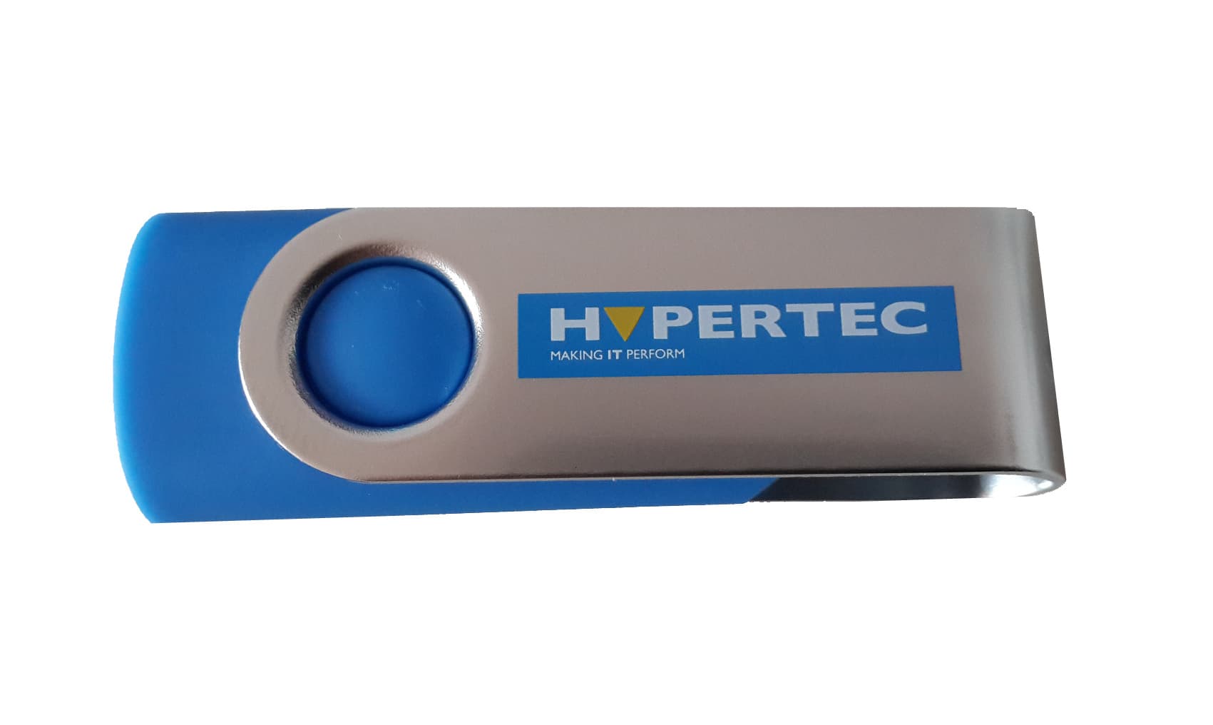 Silver and blue Hypertec 64GB USB 3.0 swivel drive featuring a smooth metallic finish and a circular thumb grip for easy rotation.