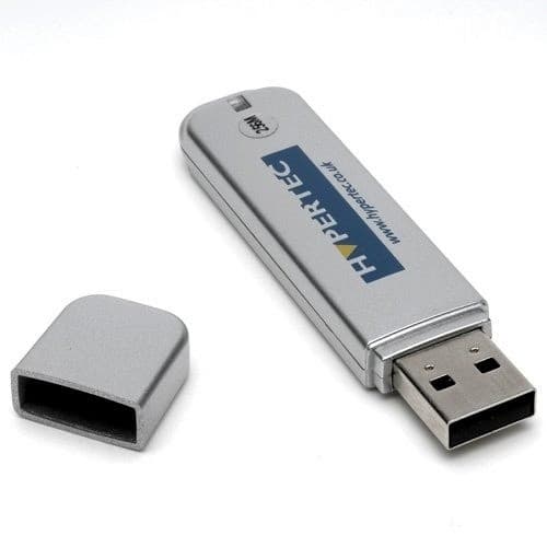 Silver USB flash drive with a removable cap, labeled "HYPERTEC," featuring 8GB storage and AES-256 encryption capabilities.
