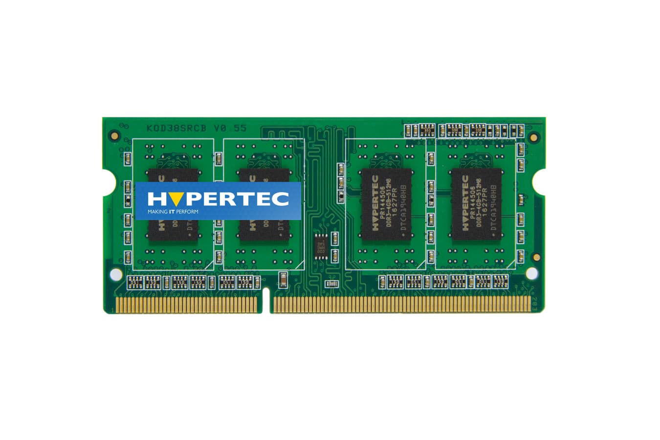 Green circuit board with four memory chips, labeled "HYPERTEC," featuring gold connectors on the bottom, designed as an 8GB SODIMM (PC3-12800) module.
