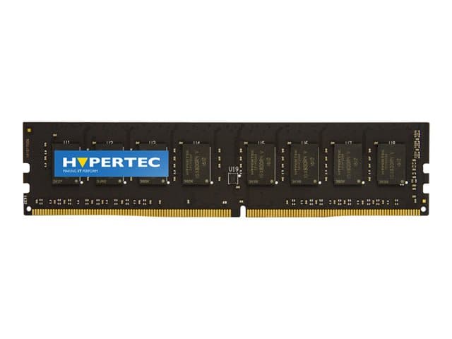 Black memory module with gold connectors, labeled "HYPERTEC," featuring eight memory chips, designed for DDR4 with a speed of 2133 MHz and a capacity of 4 GB.