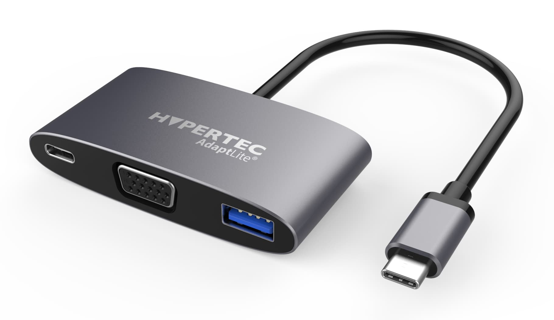 Gray Hypertec AdaptLite adapter with a USB Type-C connector, VGA port, and USB 3.2 Gen 1 port, featuring a sleek design and compact form factor.