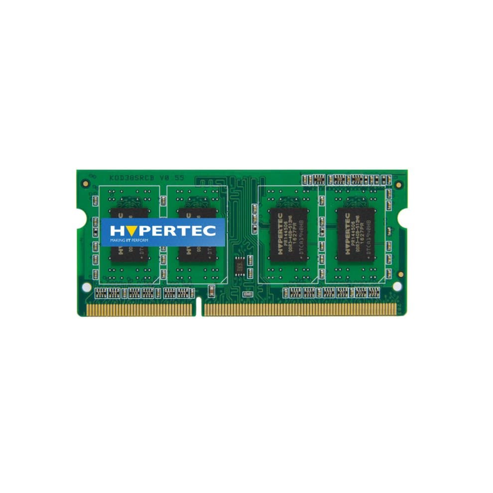 Green circuit board featuring four black memory chips, with "HYPERTEC" logo prominently displayed in blue, designed for DDR3 memory with an 8 GB capacity.
