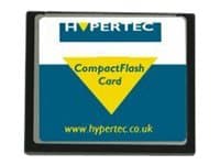 CompactFlash card by Hypertec, featuring a black plastic casing with a blue and yellow label, indicating 256MB capacity and the brand logo prominently displayed.