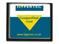 CompactFlash memory card by Hypertec, featuring a blue and yellow design with the text "HYPERTEC" and "CompactFlash Card," housed in a black plastic casing.