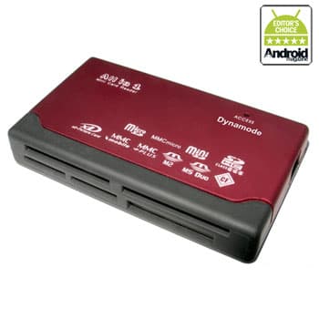 Black and red Hypertec EXT-103C-WHY USB 2.0 card reader featuring multiple slots for various memory card types, with a sleek plastic design and an Editor's Choice badge.