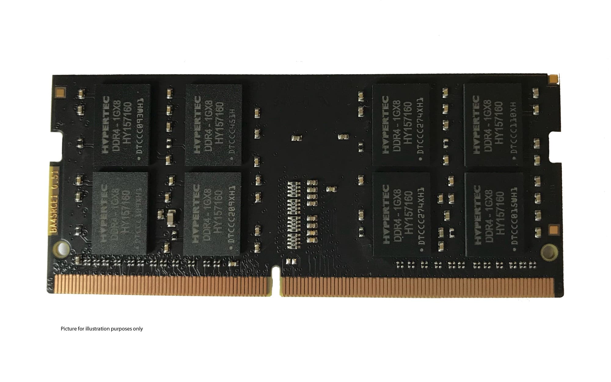 Black circuit board with eight memory chips, gold connectors on the bottom, labeled "Hypertec" and specifications for 8GB DDR4 2666MHz, 1Rx8, and 260-pin SODIMM.