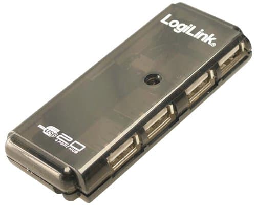 Silver USB 2.0 interface hub with multiple ports, featuring a sleek, rectangular design and a glossy finish, ideal for connecting multiple USB devices.