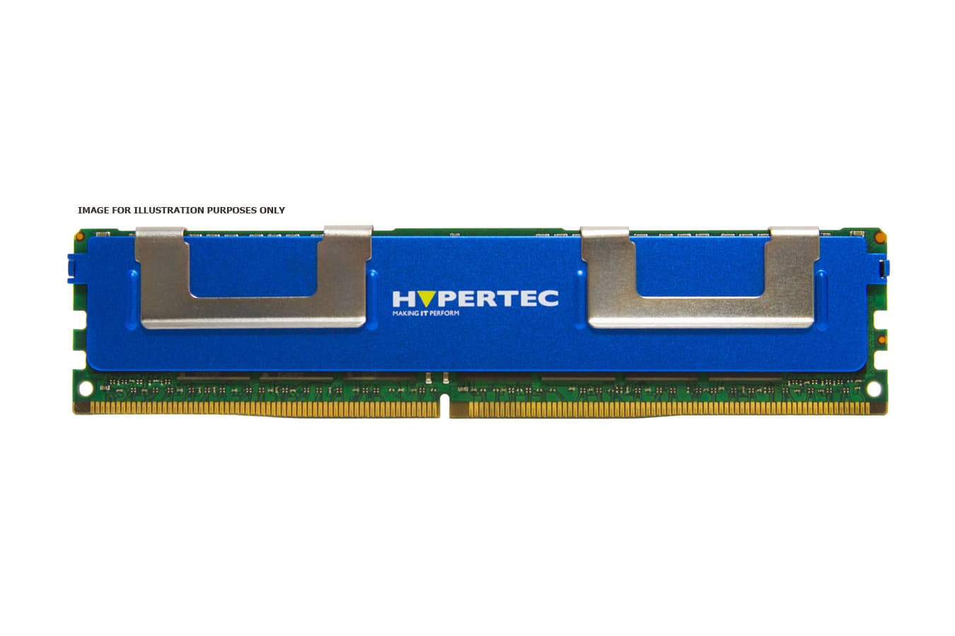 Blue memory module with silver heat spreaders, labeled "HYPERTEC," featuring 8 GB capacity, DDR3L type, and 1600 MHz speed, mounted on a green circuit board.