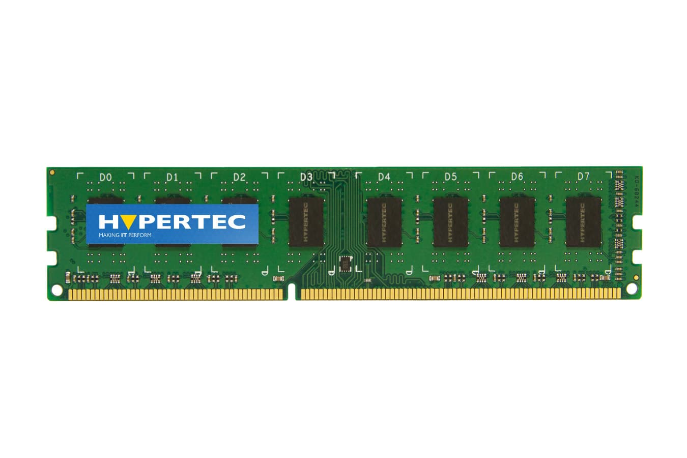 Green circuit board memory module with eight black memory chips, featuring a blue "HYPERTEC" label and gold connectors for DDR3 1333 MHz, 2 GB capacity.