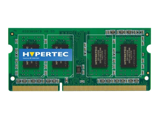 Green circuit board featuring four memory chips, labeled "Hypertec," with gold connectors at the bottom, indicating an 8 GB DDR3 1600 MHz memory module.