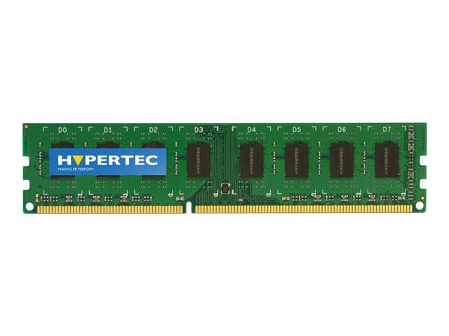 Green circuit board memory module with eight black memory chips, labeled D0 to D7, featuring a blue Hypertec logo and gold connectors at the bottom, indicating 8 GB DDR3 1600 MHz.
