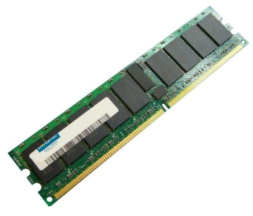 Green printed circuit board with eight black memory chips, labeled with a white Hypertec sticker, featuring gold connectors on one edge, designed for DDR2 240-pin DIMM ECC.