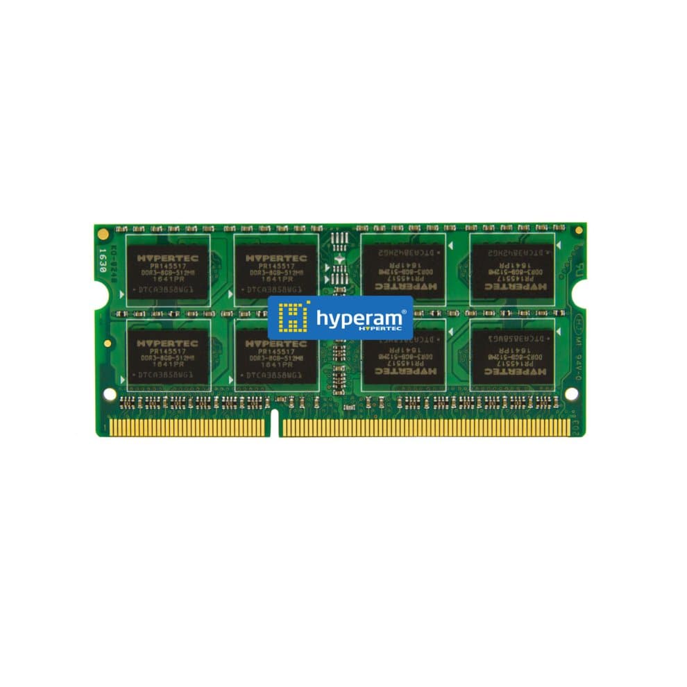 Green circuit board memory module with eight black memory chips, labeled "HYPERTEC," featuring gold connectors and a capacity of 1 GB at 1066 MHz.
