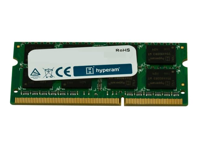 Green printed circuit board with a white label marked "hyperam," featuring black memory chips and gold connectors, identified as a 2 GB DDR3 1066 MHz memory module.