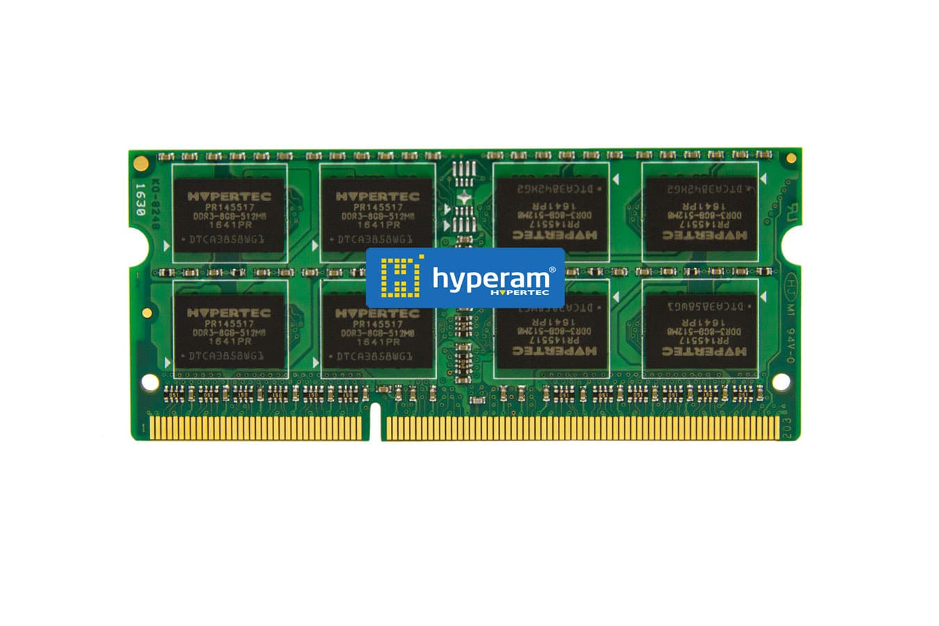 Green circuit board memory module with eight black chips, labeled "Hypertec," featuring gold connectors and specifications for 4 GB DDR3 1600 MHz.